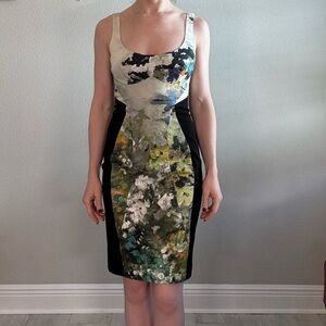 Black halo floral print/watercolor dress. Work/office. Above the knee. Sz S